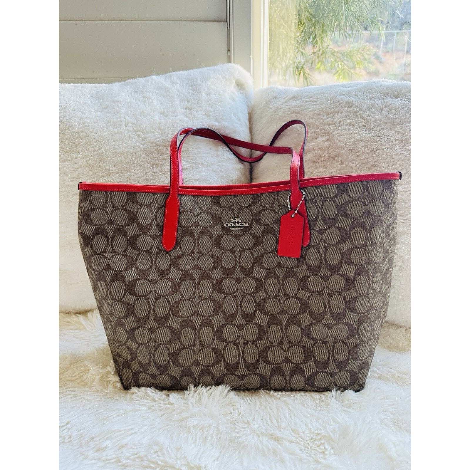 Nwt Coach 5696 City Tote Bag In Signature Coated Canvas Khaki Miami Red $398